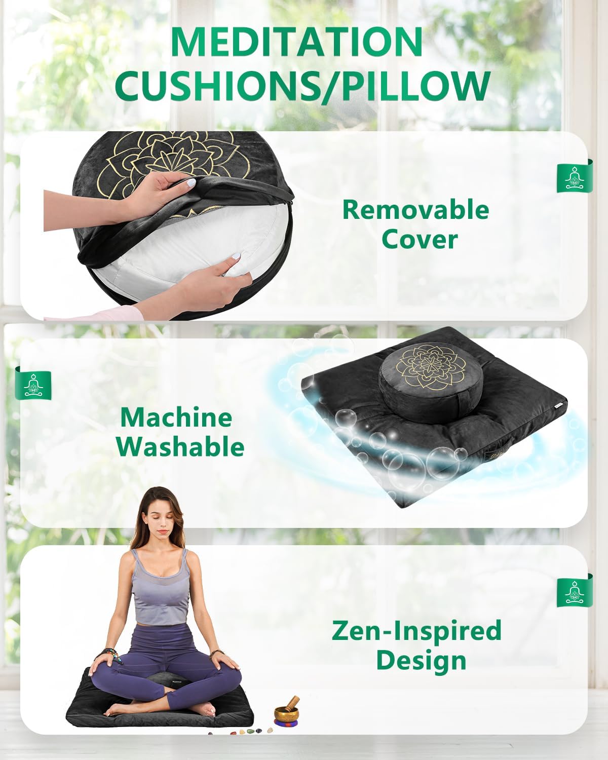 Meditation Cushion, Traditional Tibetan Meditation Pillow Velvet Cover - Large Floor Cushion Seating for Adults - Yoga Buckwheat Bolster for Women、Moms