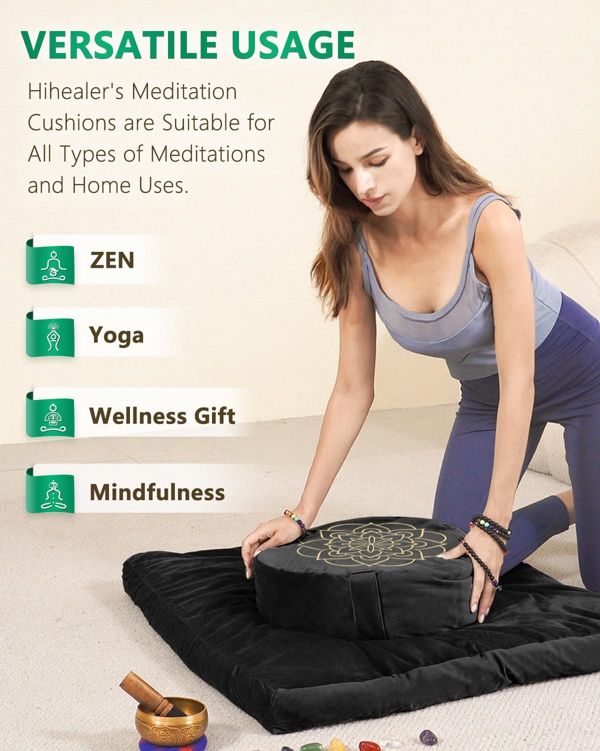 Meditation Cushion, Traditional Tibetan Meditation Pillow Velvet Cover - Large Floor Cushion Seating for Adults - Yoga Buckwheat Bolster for Women、Moms