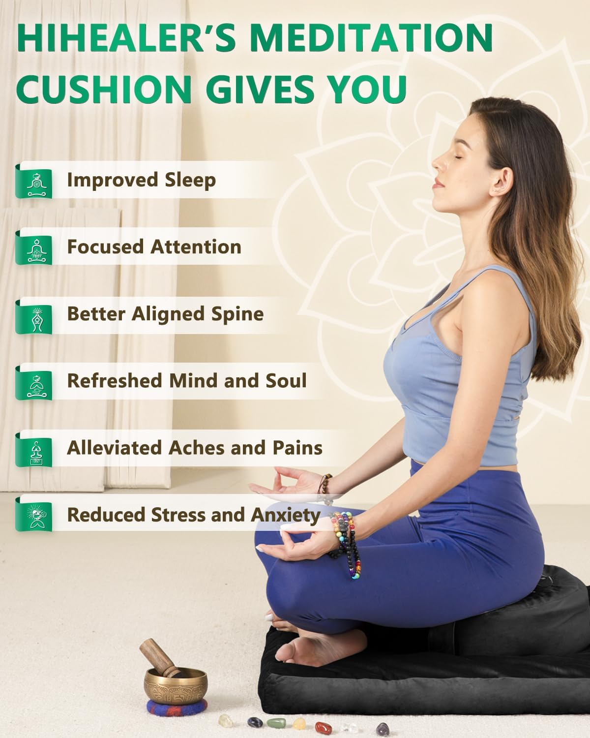 Meditation Cushion, Traditional Tibetan Meditation Pillow Velvet Cover - Large Floor Cushion Seating for Adults - Yoga Buckwheat Bolster for Women、Moms