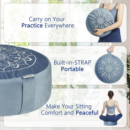 Meditation Cushion, Traditional Tibetan Meditation Pillow Velvet Cover - Large Floor Cushion Seating for Adults - Yoga Buckwheat Bolster for Women、Moms