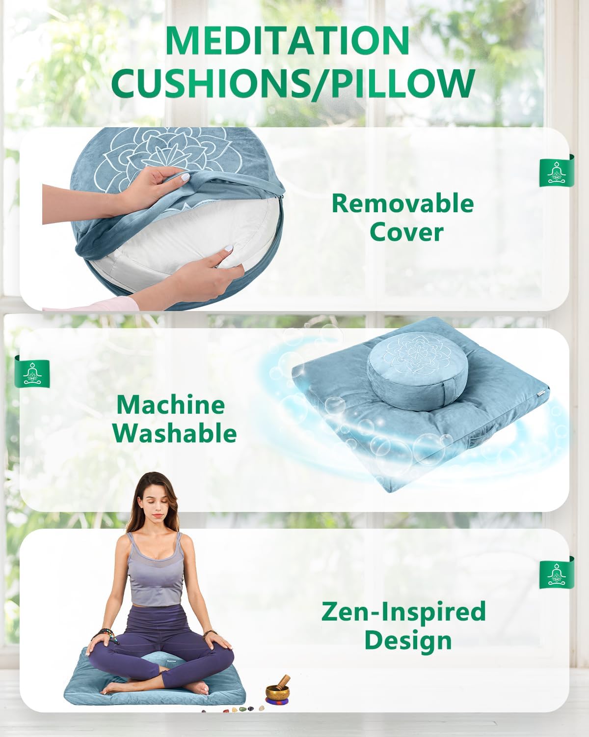 Meditation Cushion, Traditional Tibetan Meditation Pillow Velvet Cover - Large Floor Cushion Seating for Adults - Yoga Buckwheat Bolster for Women、Moms