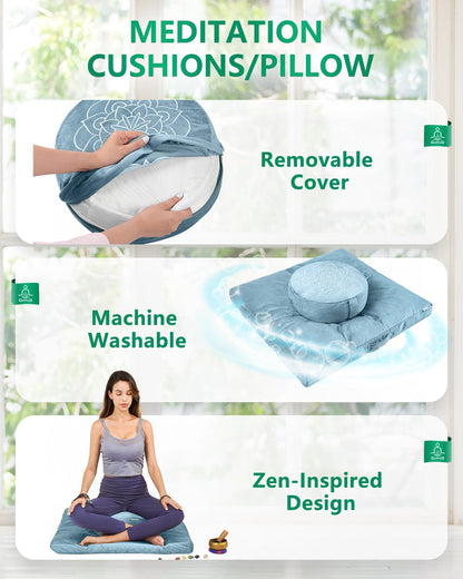 Meditation Cushion, Traditional Tibetan Meditation Pillow Velvet Cover - Large Floor Cushion Seating for Adults - Yoga Buckwheat Bolster for Women、Moms