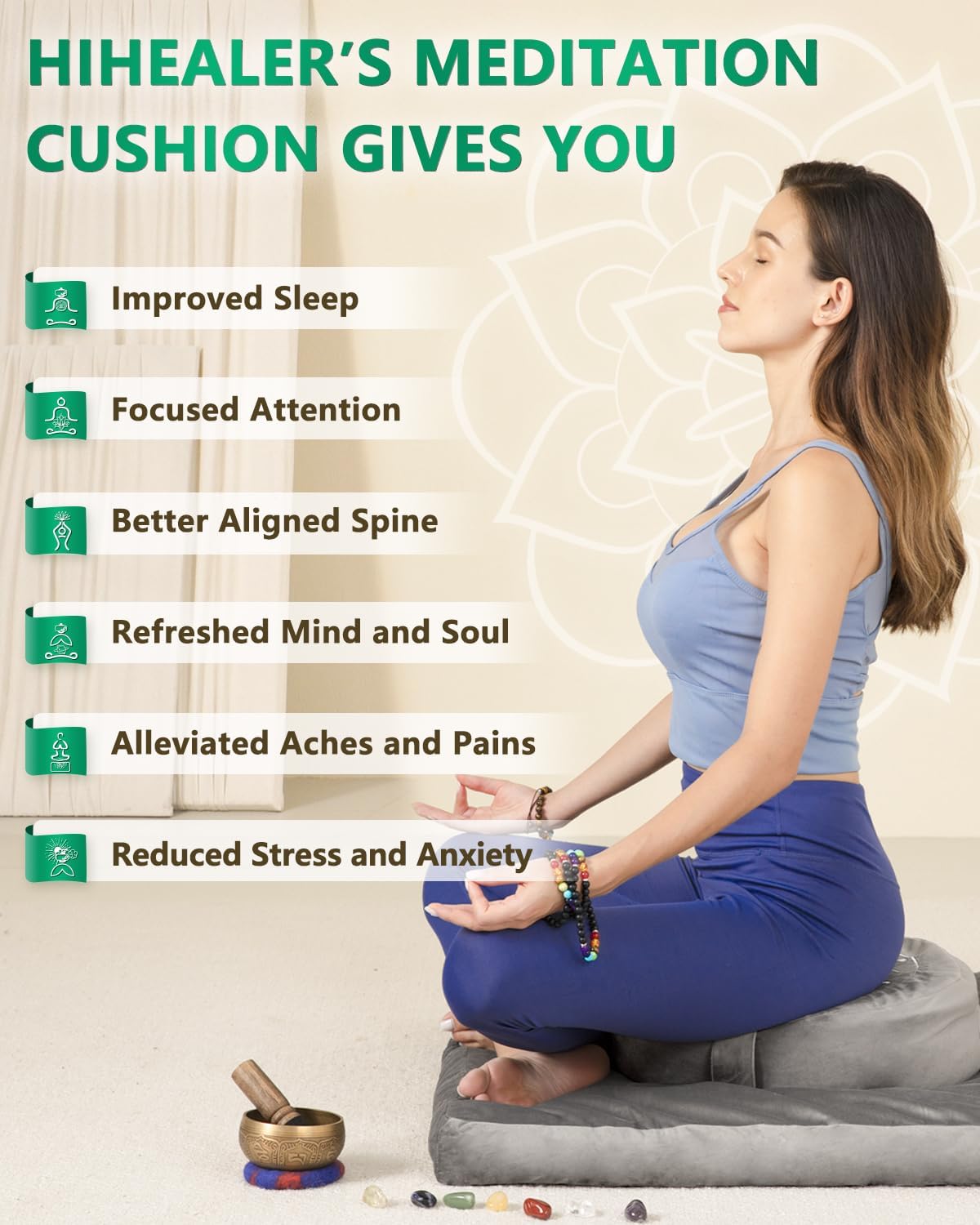 Meditation Cushion, Traditional Tibetan Meditation Pillow Velvet Cover - Large Floor Cushion Seating for Adults - Yoga Buckwheat Bolster for Women、Moms
