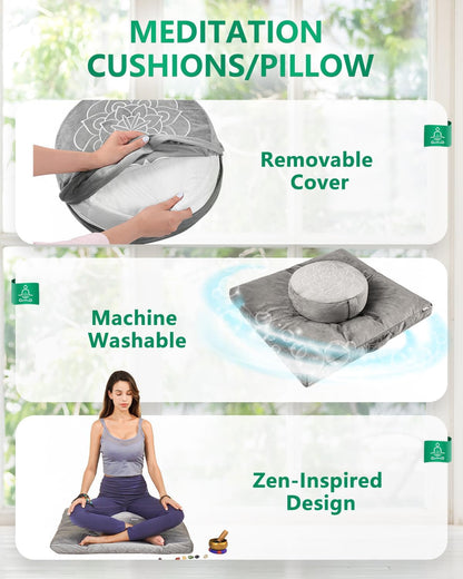 Meditation Cushion, Traditional Tibetan Meditation Pillow Velvet Cover - Large Floor Cushion Seating for Adults - Yoga Buckwheat Bolster for Women、Moms