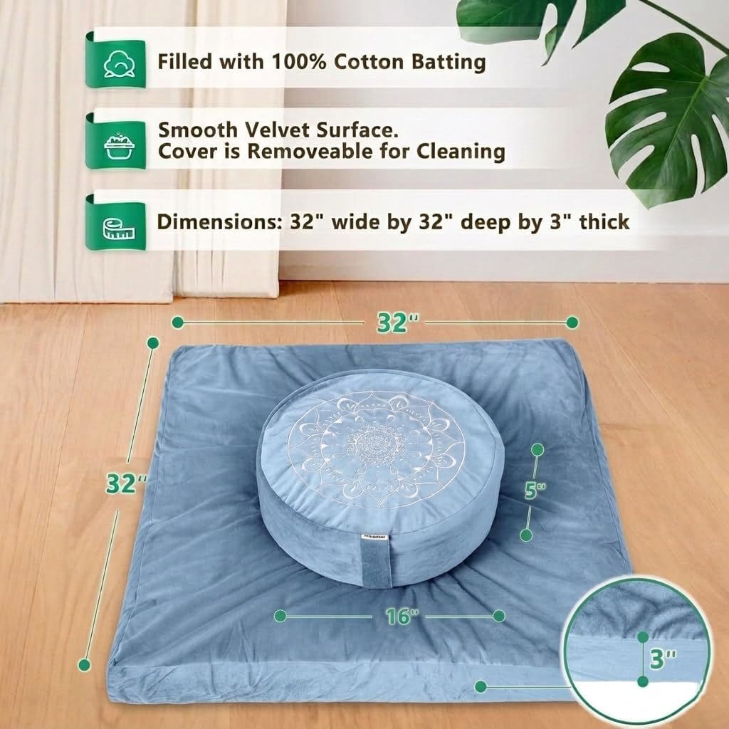 Meditation Cushion, Traditional Tibetan Meditation Pillow Velvet Cover - Large Floor Cushion Seating for Adults - Yoga Buckwheat Bolster for Women、Moms