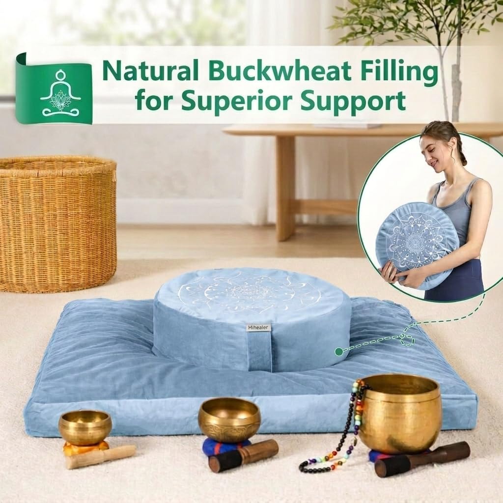 Meditation Cushion, Traditional Tibetan Meditation Pillow Velvet Cover - Large Floor Cushion Seating for Adults - Yoga Buckwheat Bolster for Women、Moms