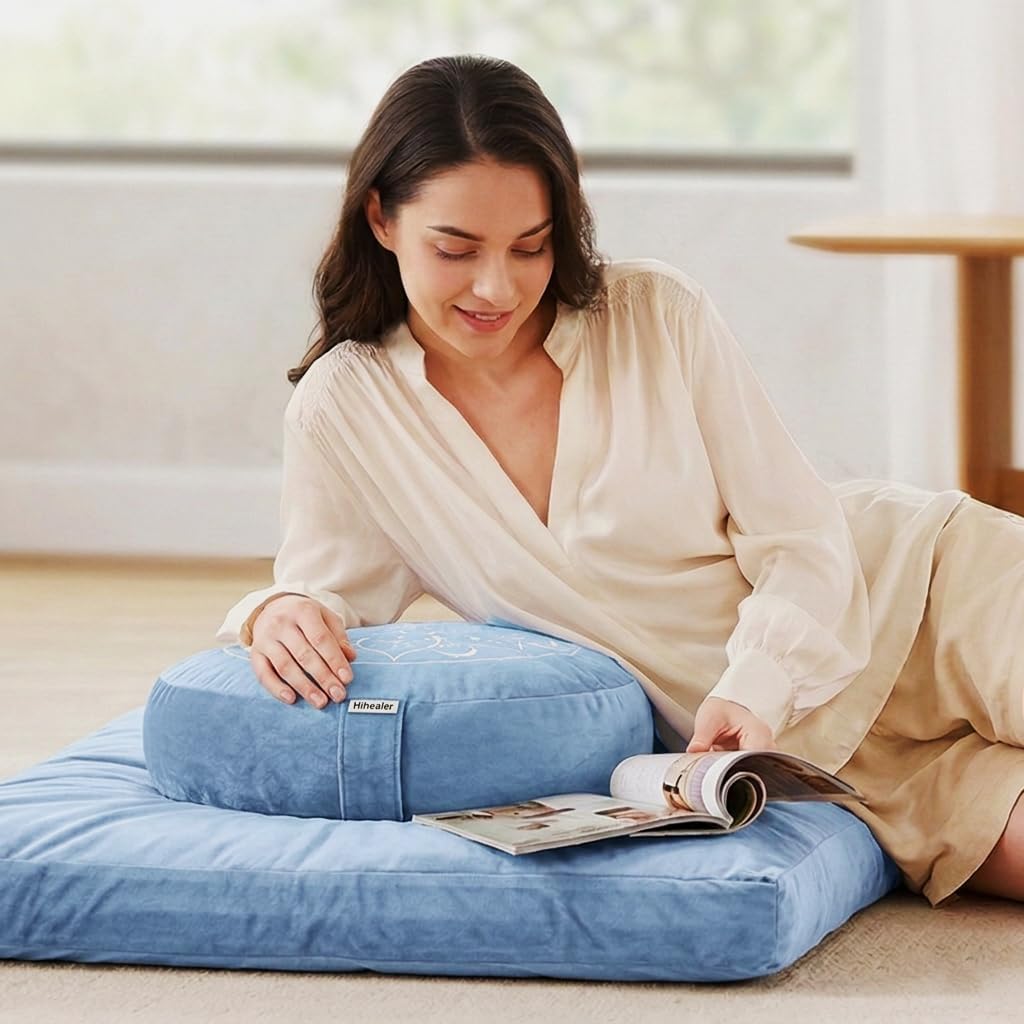 Meditation Cushion, Traditional Tibetan Meditation Pillow Velvet Cover - Large Floor Cushion Seating for Adults - Yoga Buckwheat Bolster for Women、Moms