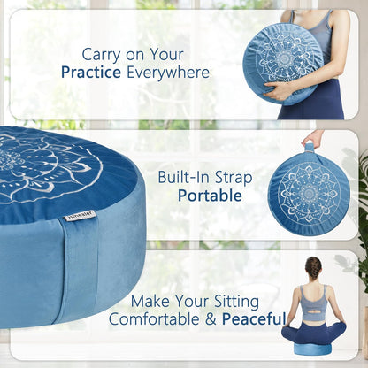 Meditation Cushion, Traditional Tibetan Meditation Pillow Velvet Cover - Large Floor Cushion Seating for Adults - Yoga Buckwheat Bolster for Women、Moms