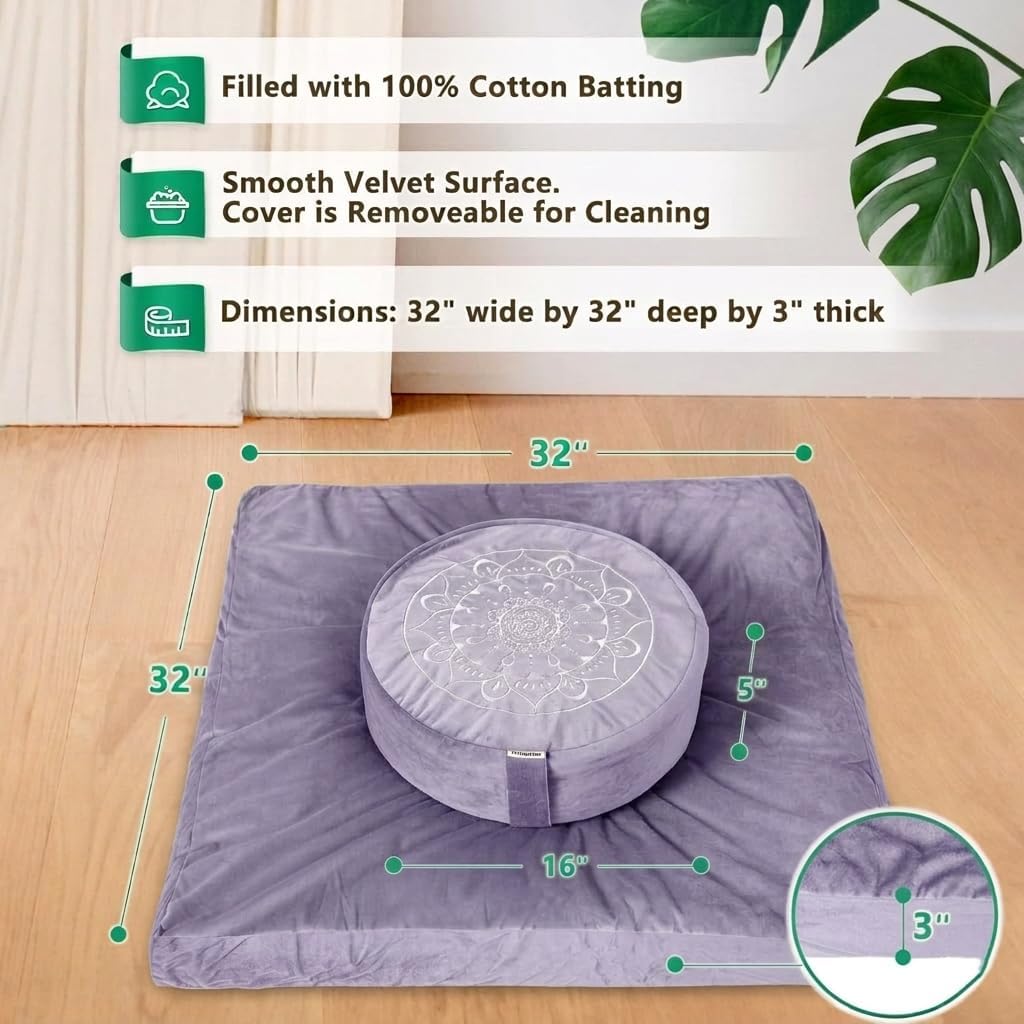 Meditation Cushion, Traditional Tibetan Meditation Pillow Velvet Cover - Large Floor Cushion Seating for Adults - Yoga Buckwheat Bolster for Women、Moms