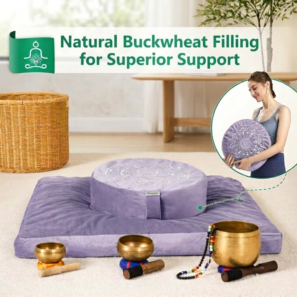 Meditation Cushion, Traditional Tibetan Meditation Pillow Velvet Cover - Large Floor Cushion Seating for Adults - Yoga Buckwheat Bolster for Women、Moms
