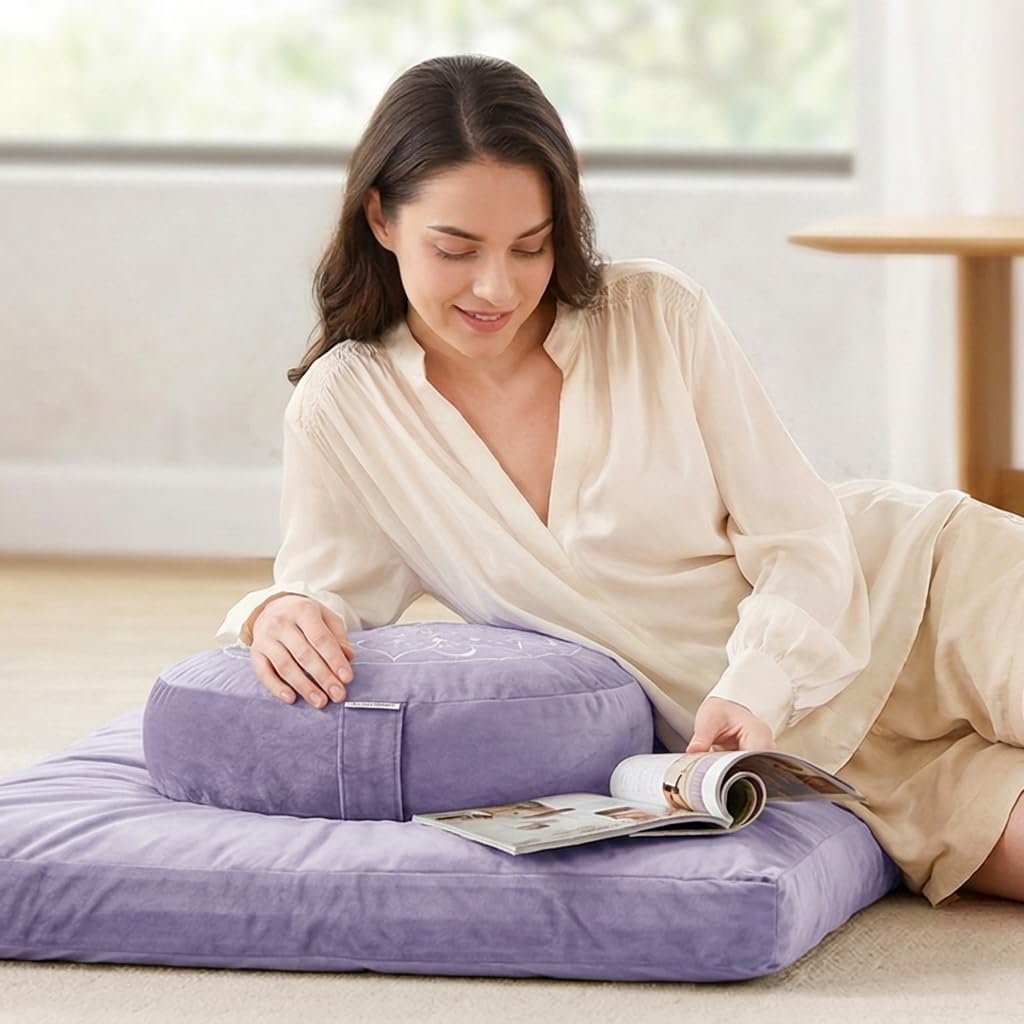 Meditation Cushion, Traditional Tibetan Meditation Pillow Velvet Cover - Large Floor Cushion Seating for Adults - Yoga Buckwheat Bolster for Women、Moms