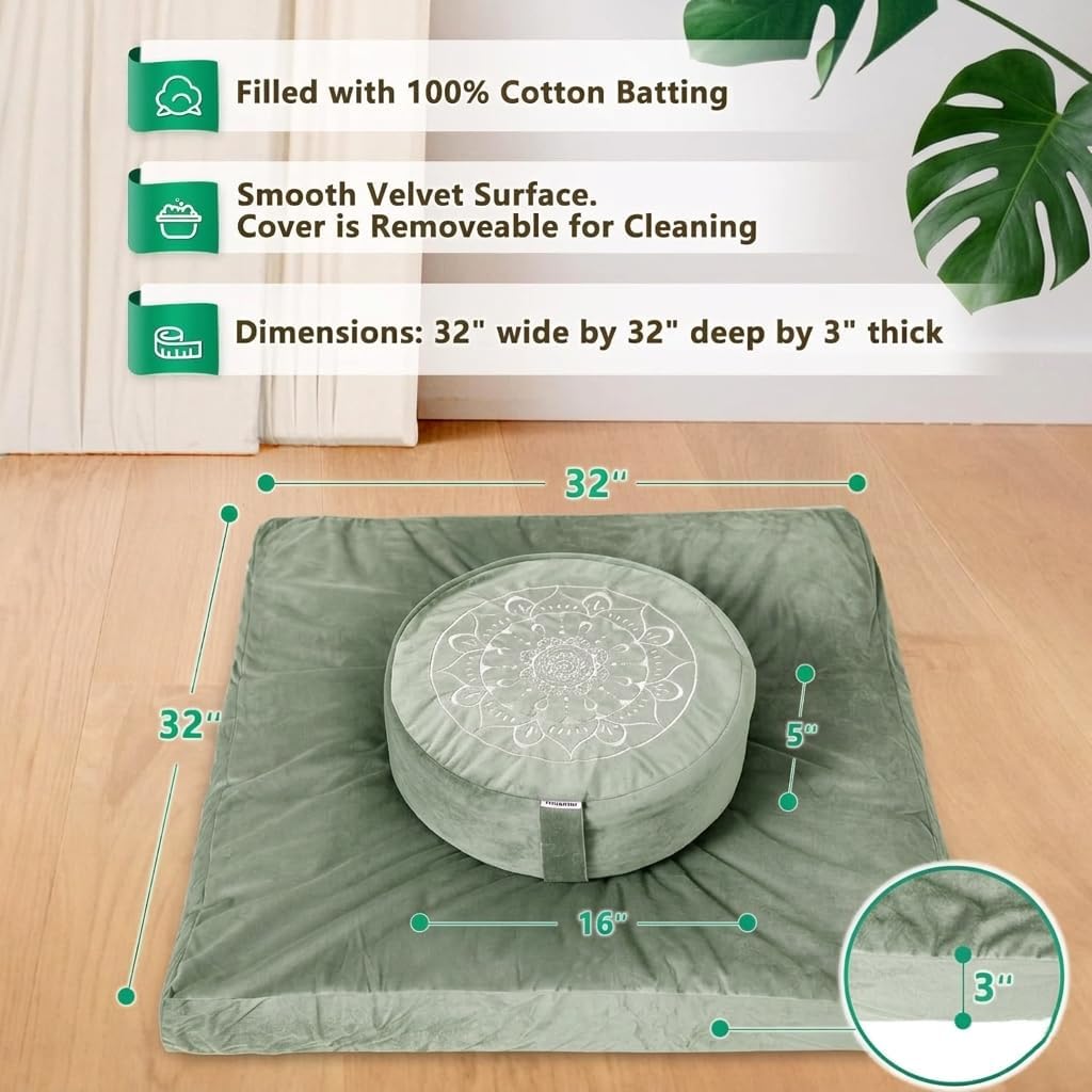 Meditation Cushion, Traditional Tibetan Meditation Pillow Velvet Cover - Large Floor Cushion Seating for Adults - Yoga Buckwheat Bolster for Women、Moms