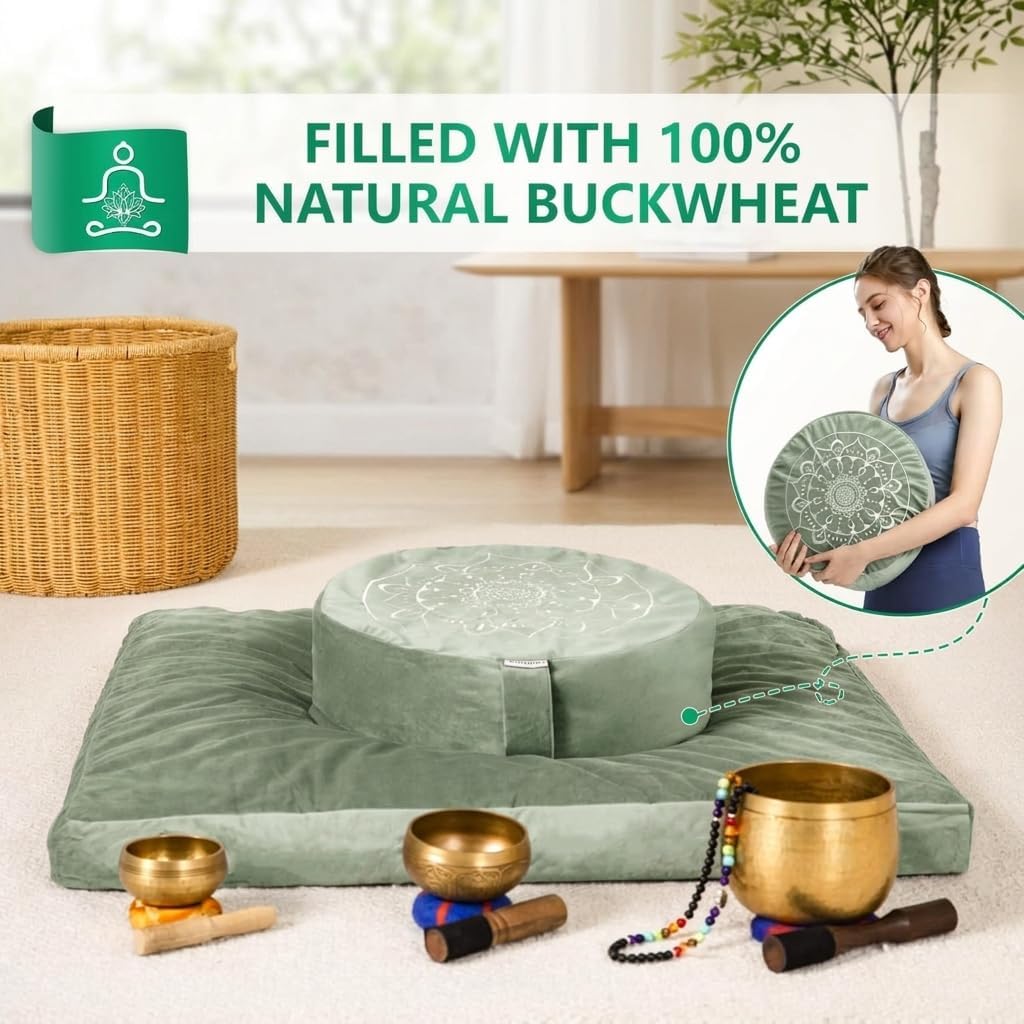 Meditation Cushion, Traditional Tibetan Meditation Pillow Velvet Cover - Large Floor Cushion Seating for Adults - Yoga Buckwheat Bolster for Women、Moms