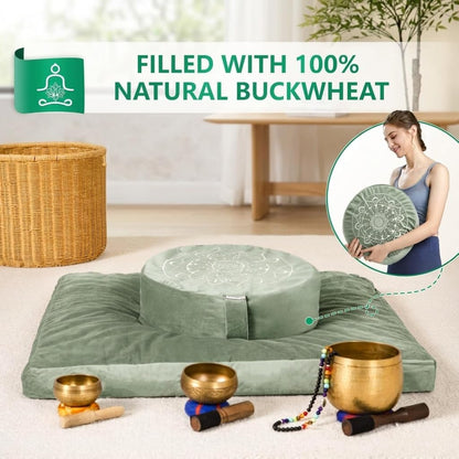 Meditation Cushion, Traditional Tibetan Meditation Pillow Velvet Cover - Large Floor Cushion Seating for Adults - Yoga Buckwheat Bolster for Women、Moms
