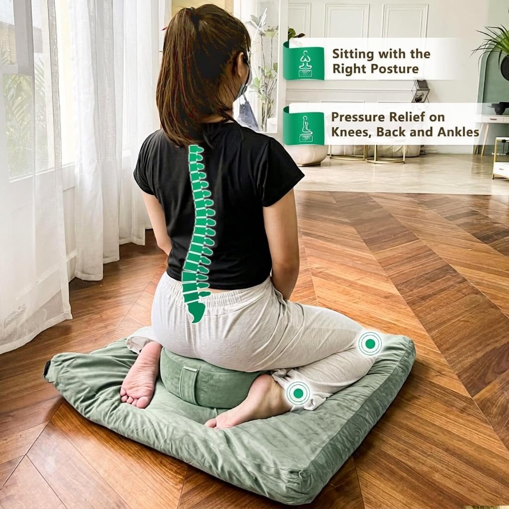 Meditation Cushion, Traditional Tibetan Meditation Pillow Velvet Cover - Large Floor Cushion Seating for Adults - Yoga Buckwheat Bolster for Women、Moms