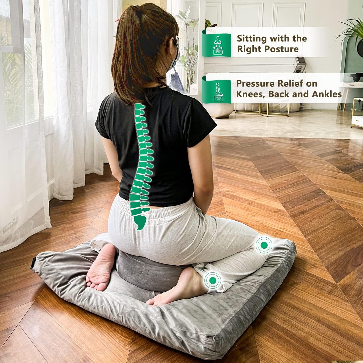 Meditation Cushion, Traditional Tibetan Meditation Pillow Velvet Cover - Large Floor Cushion Seating for Adults - Yoga Buckwheat Bolster for Women、Moms