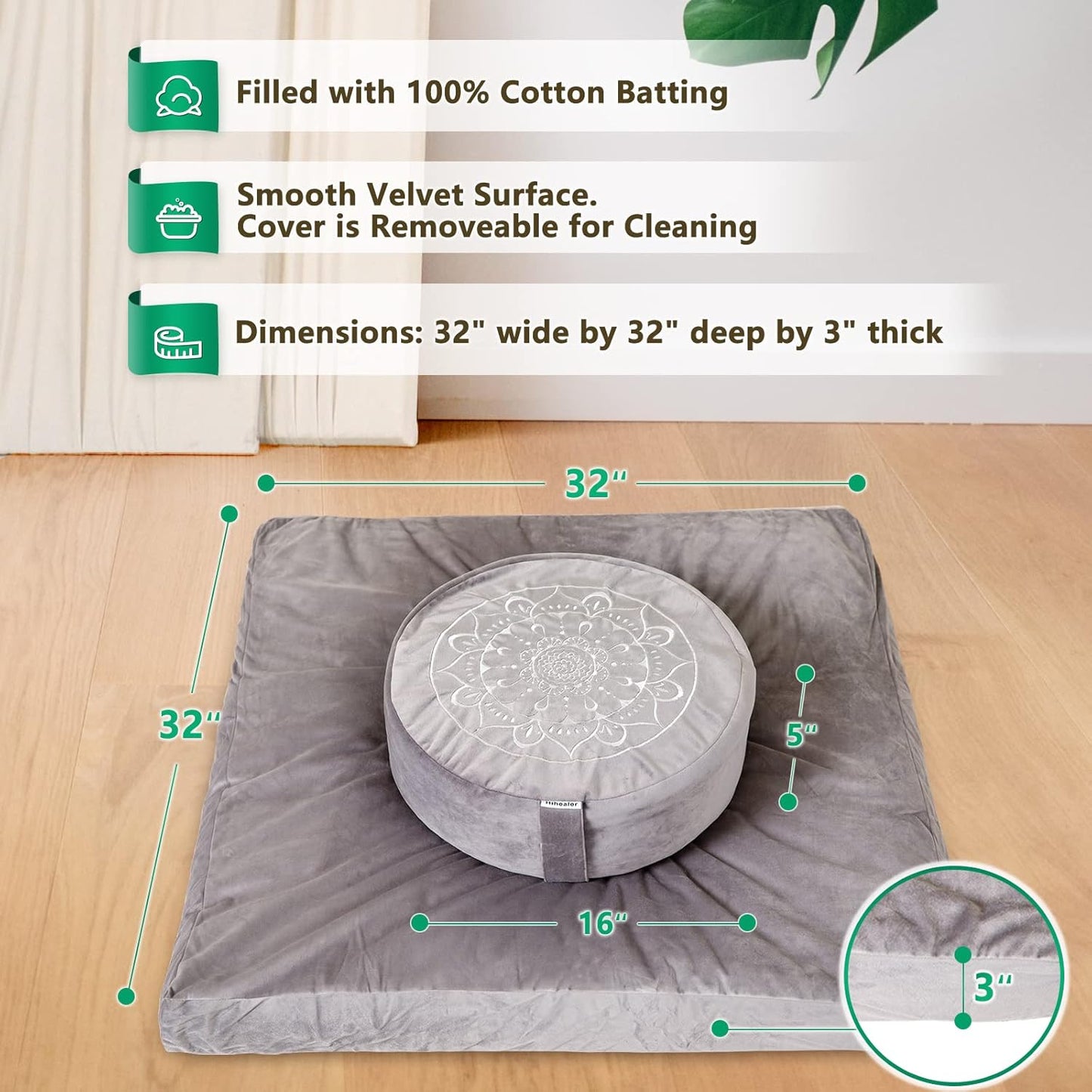 Meditation Cushion, Traditional Tibetan Meditation Pillow Velvet Cover - Large Floor Cushion Seating for Adults - Yoga Buckwheat Bolster for Women、Moms