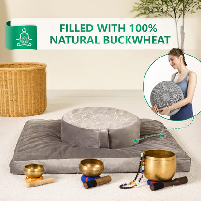 Meditation Cushion, Traditional Tibetan Meditation Pillow Velvet Cover - Large Floor Cushion Seating for Adults - Yoga Buckwheat Bolster for Women、Moms