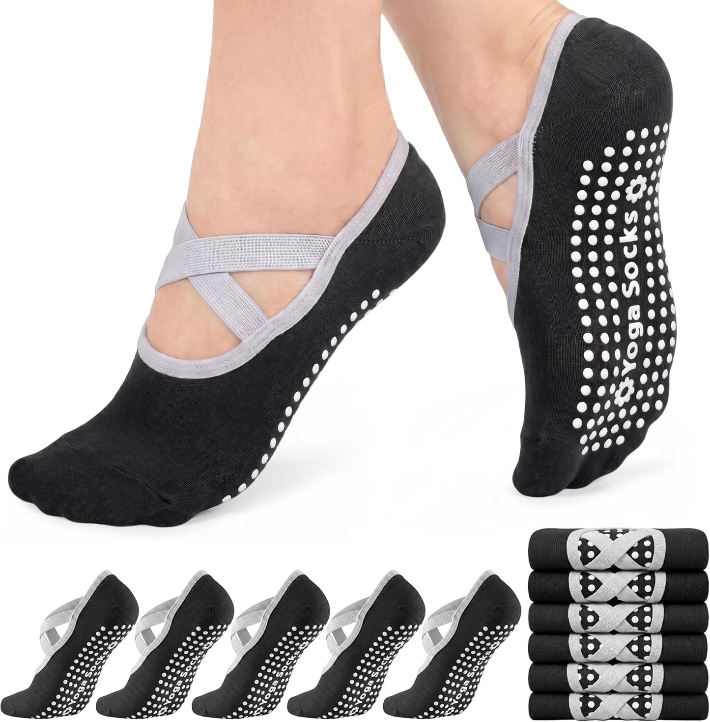 6 Pairs Pilates Socks for women, Non-Slip Yoga Socks With Grip&Strap for Dance Barre Ballet Fitness Workout（5-9）