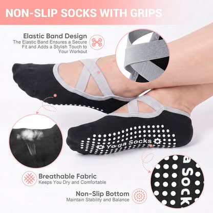 6 Pairs Pilates Socks for women, Non-Slip Yoga Socks With Grip&Strap for Dance Barre Ballet Fitness Workout（5-9）