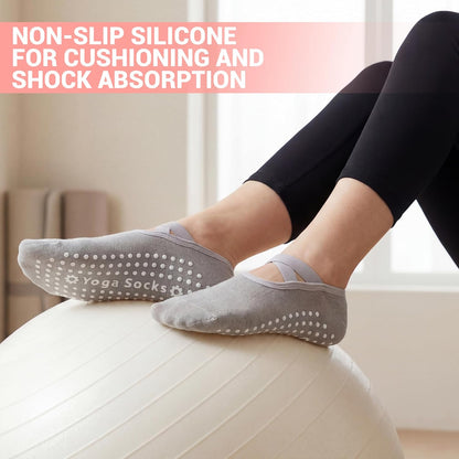 6 Pairs Pilates Socks for women, Non-Slip Yoga Socks With Grip&Strap for Dance Barre Ballet Fitness Workout（5-9）