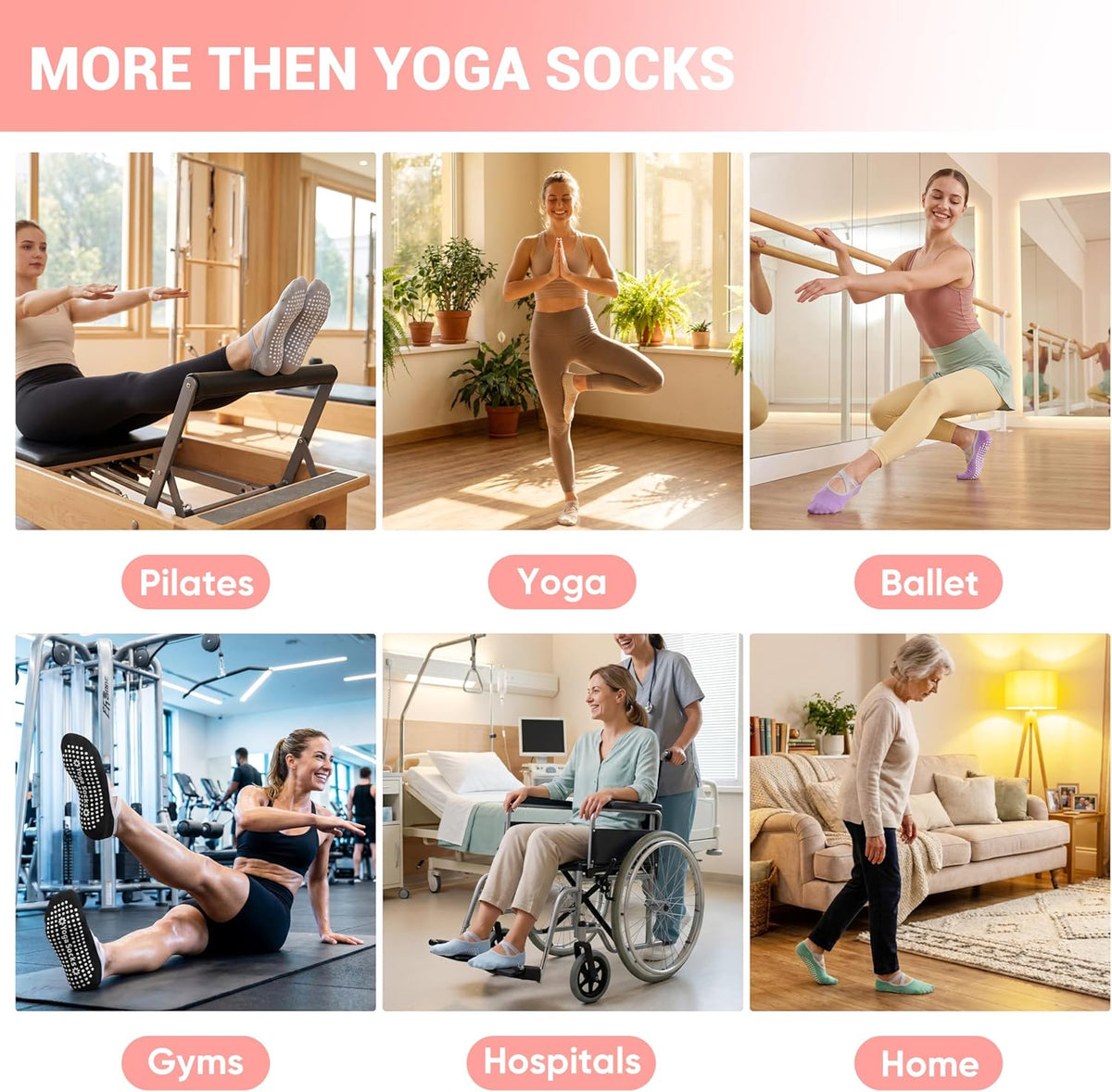 6 Pairs Pilates Socks for women, Non-Slip Yoga Socks With Grip&Strap for Dance Barre Ballet Fitness Workout（5-9）