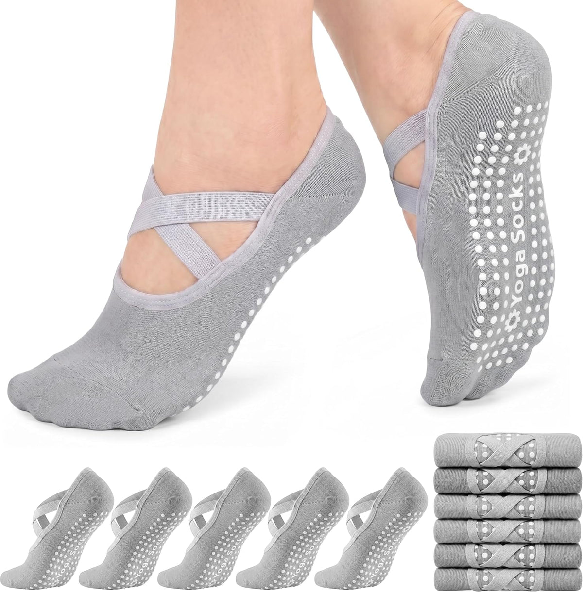 6 Pairs Pilates Socks for women, Non-Slip Yoga Socks With Grip&Strap for Dance Barre Ballet Fitness Workout（5-9）