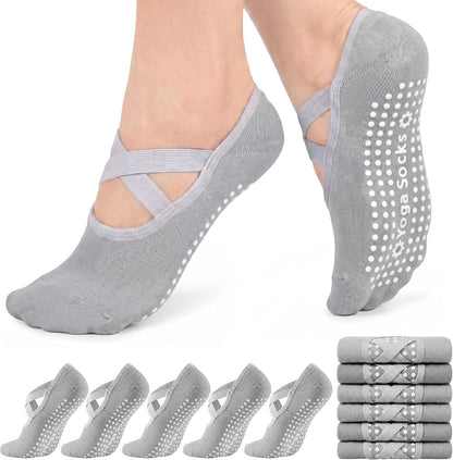 6 Pairs Pilates Socks for women, Non-Slip Yoga Socks With Grip&Strap for Dance Barre Ballet Fitness Workout（5-9）