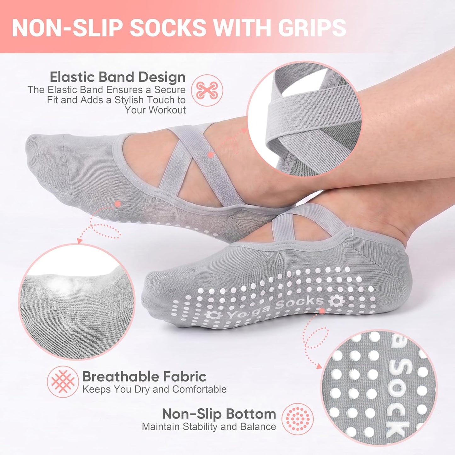 6 Pairs Pilates Socks for women, Non-Slip Yoga Socks With Grip&Strap for Dance Barre Ballet Fitness Workout（5-9）