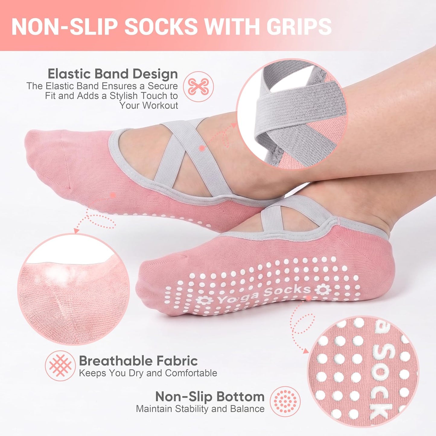 6 Pairs Pilates Socks for women, Non-Slip Yoga Socks With Grip&Strap for Dance Barre Ballet Fitness Workout（5-9）