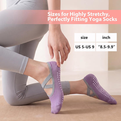 6 Pairs Pilates Socks for women, Non-Slip Yoga Socks With Grip&Strap for Dance Barre Ballet Fitness Workout（5-9）