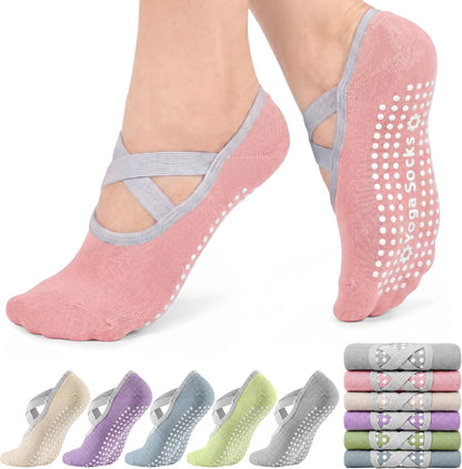 6 Pairs Pilates Socks for women, Non-Slip Yoga Socks With Grip&Strap for Dance Barre Ballet Fitness Workout（5-9）