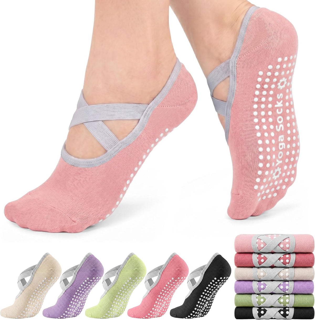 6 Pairs Pilates Socks for women, Non-Slip Yoga Socks With Grip&Strap for Dance Barre Ballet Fitness Workout（5-9）