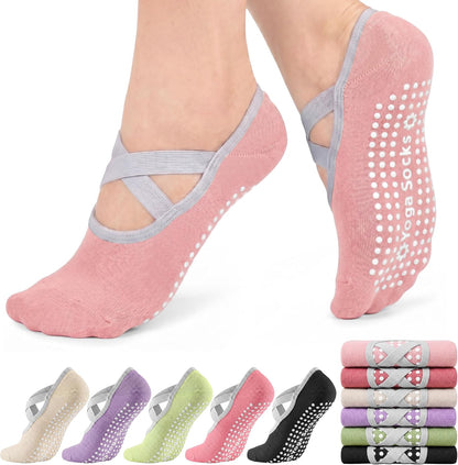 6 Pairs Pilates Socks for women, Non-Slip Yoga Socks With Grip&Strap for Dance Barre Ballet Fitness Workout（5-9）
