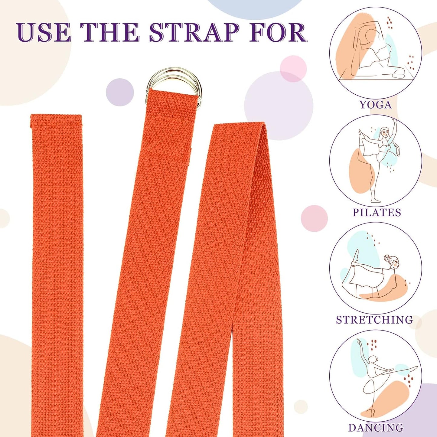 Yoga Strap Stretching Pilates Exercise Adjustable Straps 6 ft Non Elastic Yoga Belt with Adjustable D Ring Buckle for Pilates Gym Workouts Fitness