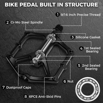 Premium Bike Pedals of 9/16 Inch, Professional Mountain and Road Bike Flat Pedal with 2 Sealed Bearings, Wide Paltform and Lightweight of Bicycle Pedals, Come with Pedal Wrench 1PCs