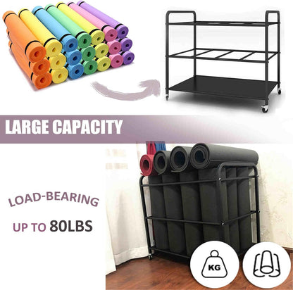 Yoga Mat Storage Rack Basket Workout Equipment Home Gym Storage Rack with Wheels Yoga Mat Holder Exercise & Fitness Organizer for Dumbbell Kettlebells Resistance Bands Yoga Blocks Foam Roller