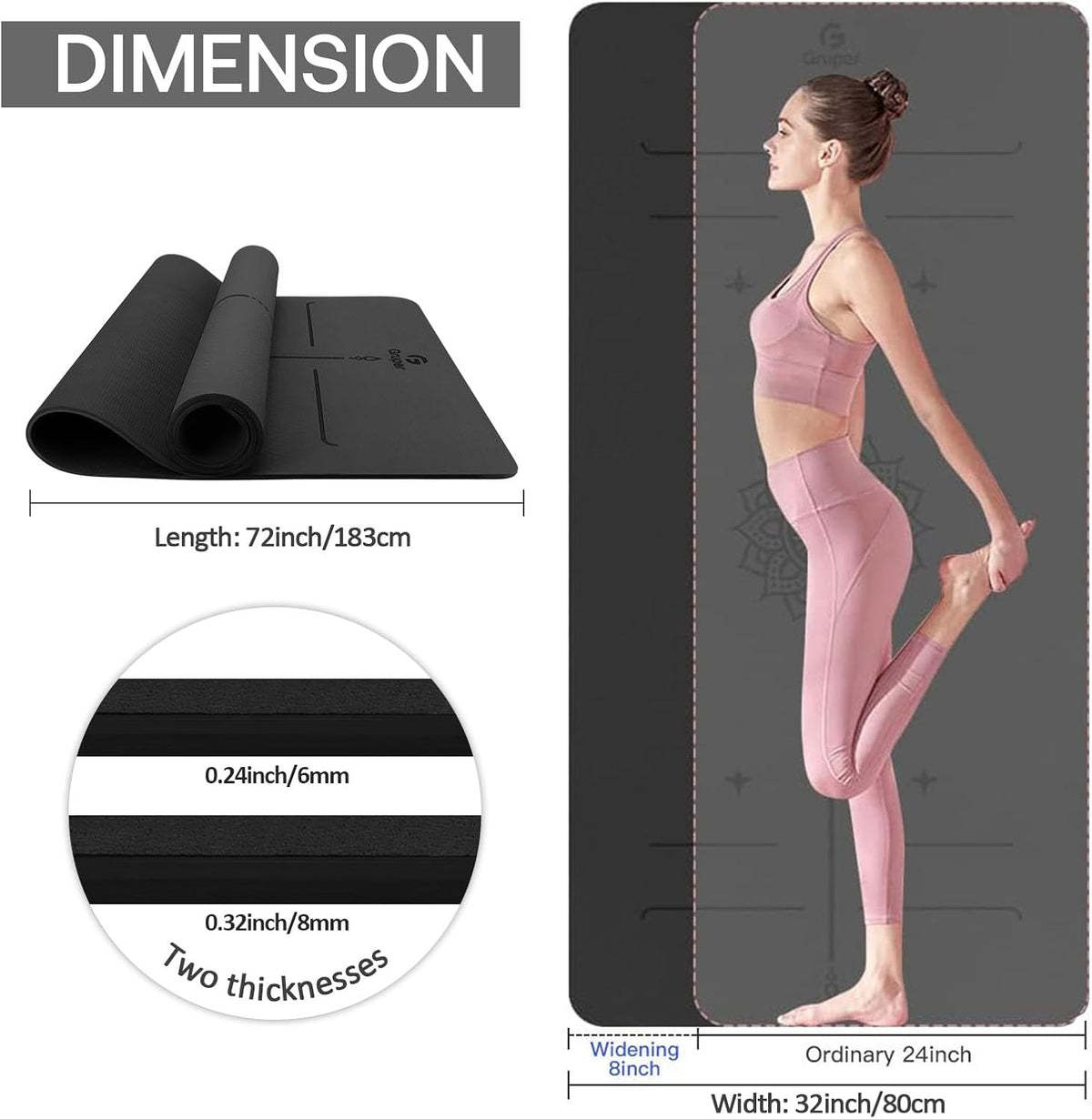 Yoga Mat Non Slip TPE Extra Wide Yoga Mat with Alignment Mark, 72"L x 32"W x 0.32"/0.24"Th (183cm x 80cm x 8mm/6mm), Anti-Tear Exercise Mat with Carrying Strap and Bag, Workout Mats for Yoga, Pilates