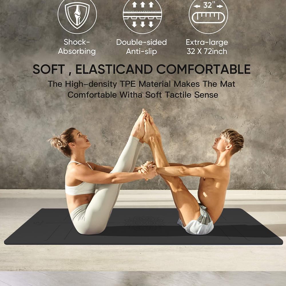 Yoga Mat Non Slip TPE Extra Wide Yoga Mat with Alignment Mark, 72"L x 32"W x 0.32"/0.24"Th (183cm x 80cm x 8mm/6mm), Anti-Tear Exercise Mat with Carrying Strap and Bag, Workout Mats for Yoga, Pilates