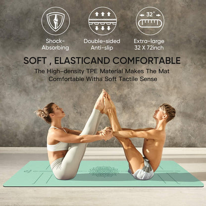 Yoga Mat Non Slip TPE Extra Wide Yoga Mat with Alignment Mark, 72"L x 32"W x 0.32"/0.24"Th (183cm x 80cm x 8mm/6mm), Anti-Tear Exercise Mat with Carrying Strap and Bag, Workout Mats for Yoga, Pilates