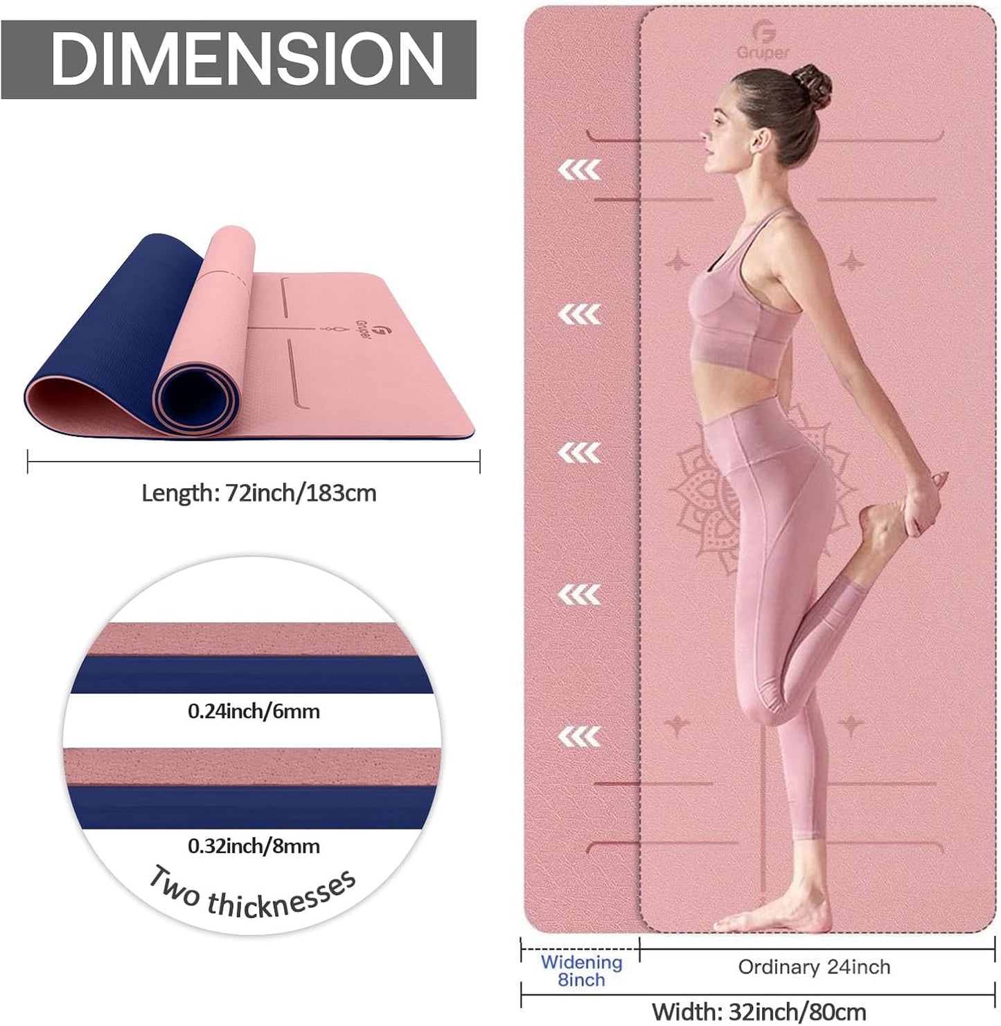 Yoga Mat Non Slip TPE Extra Wide Yoga Mat with Alignment Mark, 72"L x 32"W x 0.32"/0.24"Th (183cm x 80cm x 8mm/6mm), Anti-Tear Exercise Mat with Carrying Strap and Bag, Workout Mats for Yoga, Pilates