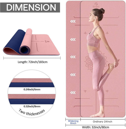 Yoga Mat Non Slip TPE Extra Wide Yoga Mat with Alignment Mark, 72"L x 32"W x 0.32"/0.24"Th (183cm x 80cm x 8mm/6mm), Anti-Tear Exercise Mat with Carrying Strap and Bag, Workout Mats for Yoga, Pilates