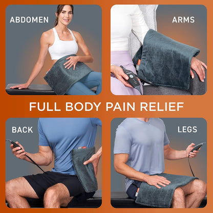 PureRelief Pro Far Infrared XL Heating Pad - Muscle Relief for Back, Neck, Shoulder, & Knee Pain in Athletes, 4 Heat Settings, Dry/Moist Heat, 12” x 24” Extra-Long Size (Iron Gray)