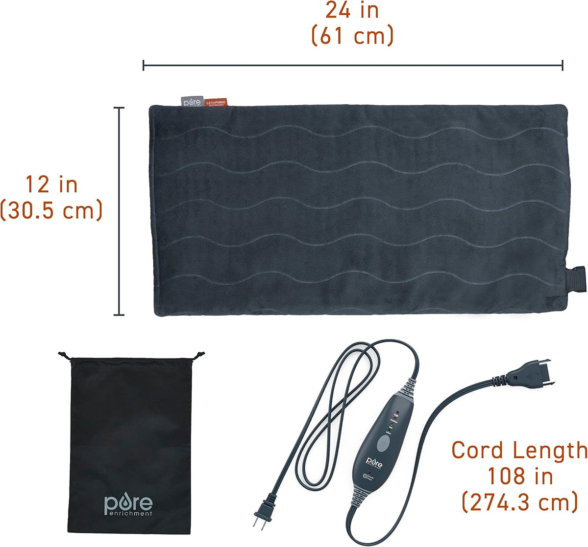 PureRelief Pro Far Infrared XL Heating Pad - Muscle Relief for Back, Neck, Shoulder, & Knee Pain in Athletes, 4 Heat Settings, Dry/Moist Heat, 12” x 24” Extra-Long Size (Iron Gray)