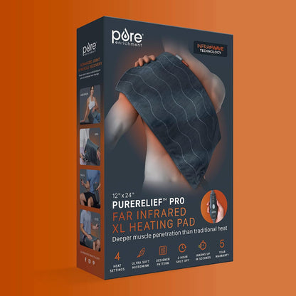 PureRelief Pro Far Infrared XL Heating Pad - Muscle Relief for Back, Neck, Shoulder, & Knee Pain in Athletes, 4 Heat Settings, Dry/Moist Heat, 12” x 24” Extra-Long Size (Iron Gray)