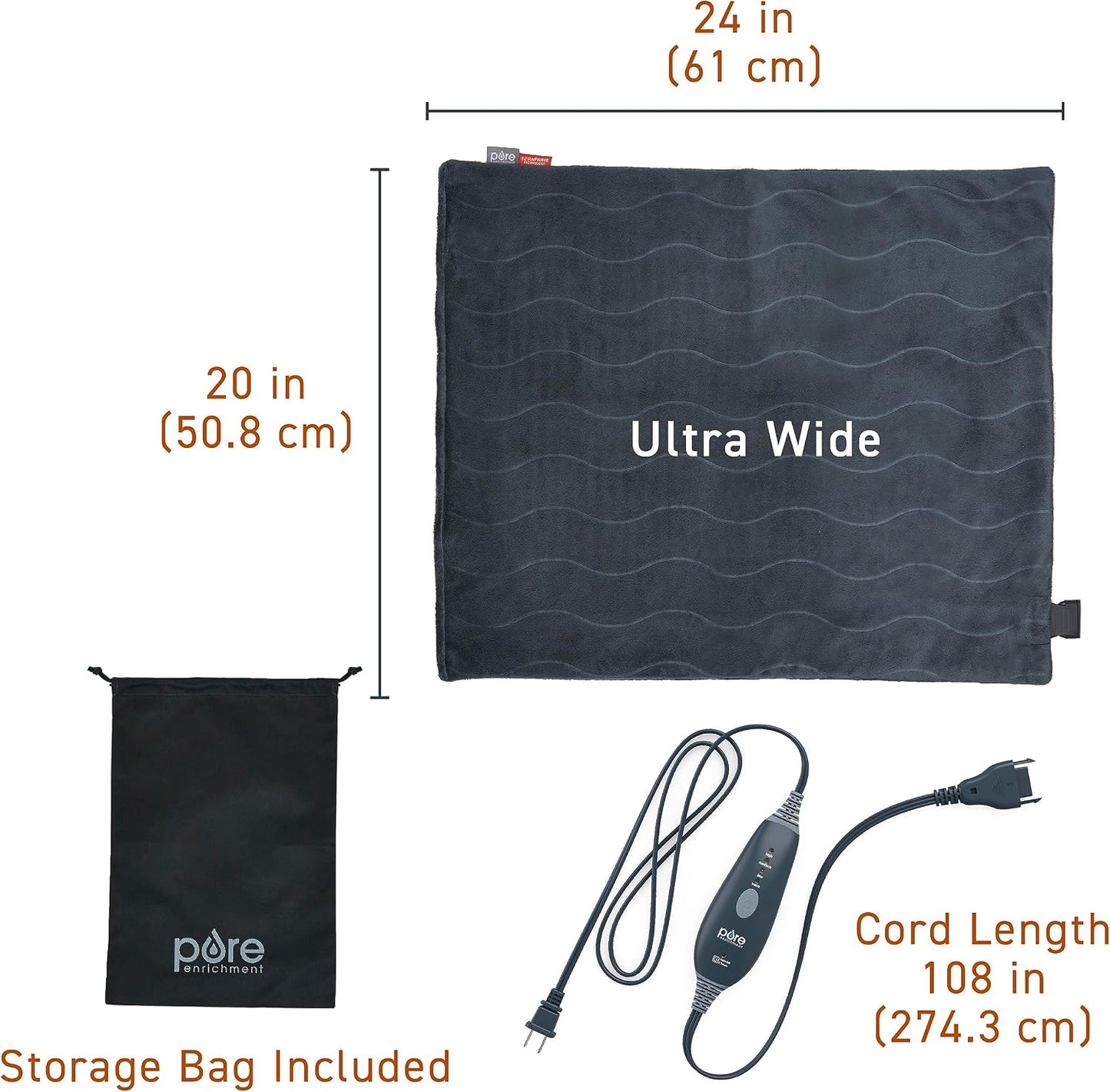 PureRelief Pro Far Infrared XL Heating Pad - Muscle Relief for Back, Neck, Shoulder, & Knee Pain in Athletes, 4 Heat Settings, Dry/Moist Heat, 12” x 24” Extra-Long Size (Iron Gray)