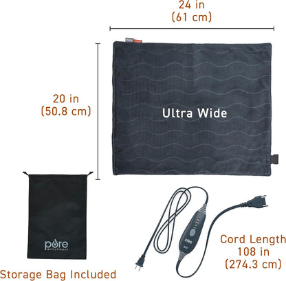 PureRelief Pro Far Infrared XL Heating Pad - Muscle Relief for Back, Neck, Shoulder, & Knee Pain in Athletes, 4 Heat Settings, Dry/Moist Heat, 12” x 24” Extra-Long Size (Iron Gray)
