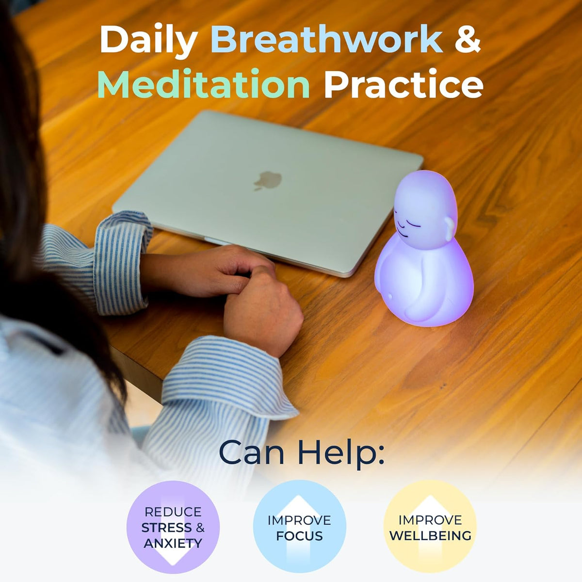 'Breathing Buddha' Guided Visual Meditation | 3 Modes to Slow Your Breathing & Calm Your Mind | Stress & Anxiety Relief | Wellness Gift | Adults, Kids, Classrooms | USB Rechargeable