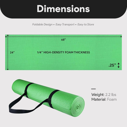 All Purpose 1/4-Inch High Density Anti-Tear Exercise Yoga Mat with Carrying Strap, Multiple Colors