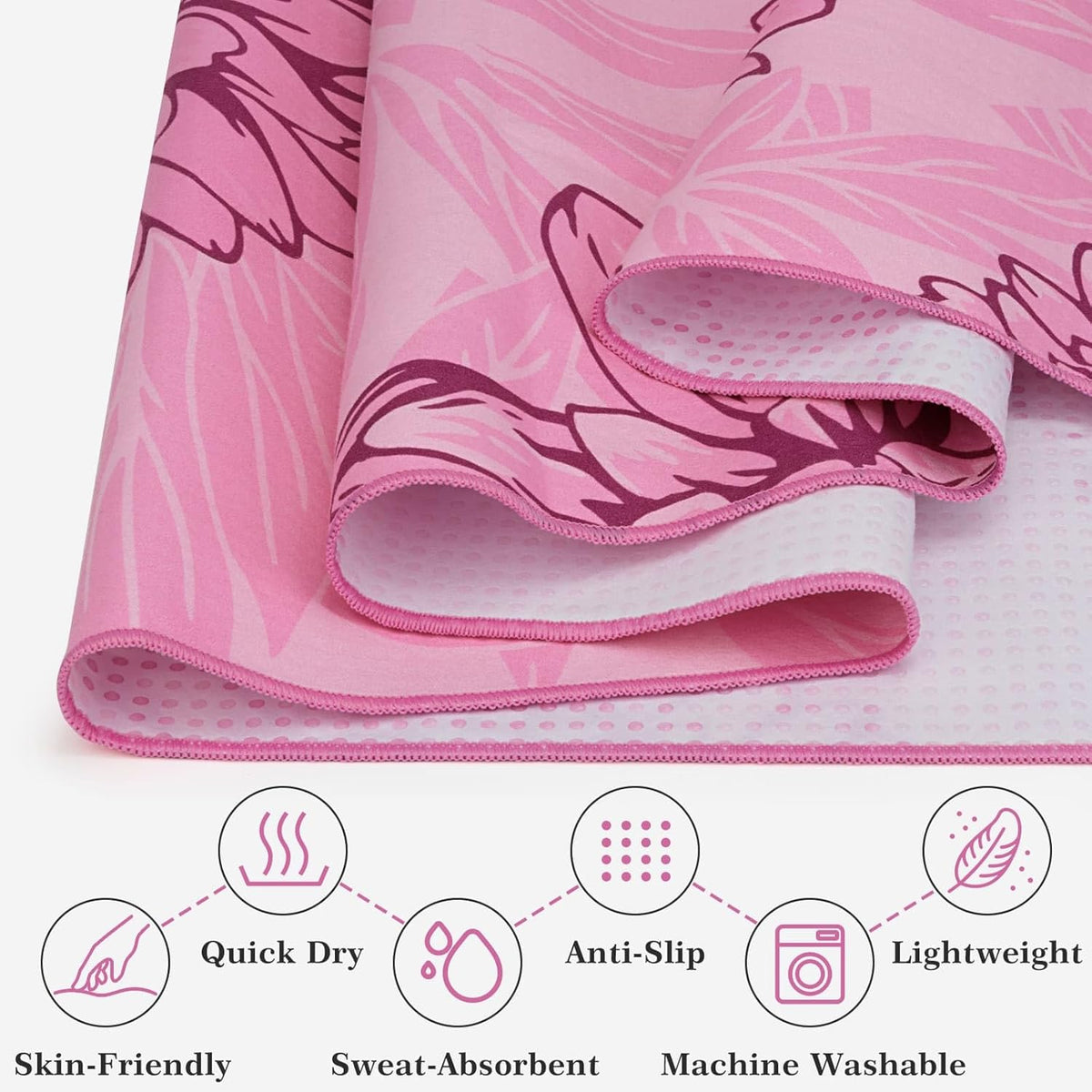 Yoga Towel Hot Yoga Mat Towel with Corner Pockets, 70 x 26 inch, Non-Slip Sweat-Absorbent Soft Microfiber Yoga Blanket for Pilates, Fitness and Workout, Pink